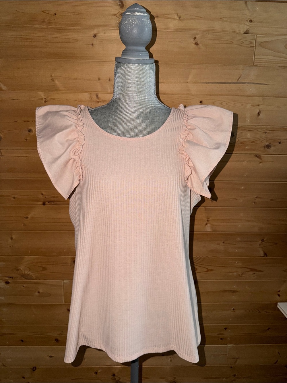 Ruffled Sleeve Ribbed Short Sleeve Top - Blush Pink
